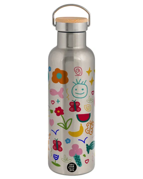 Παιδική φαντασία — Stainless steel Silver with wooden lid (bamboo), double wall, 750ml