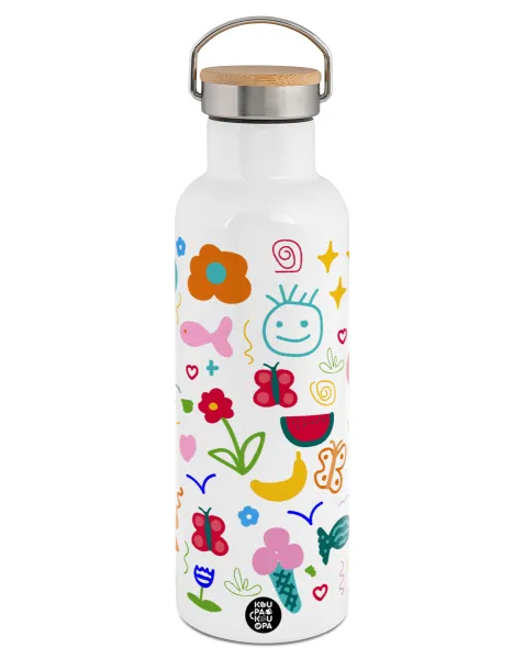 Παιδική φαντασία — Stainless steel White with wooden lid (bamboo), double wall, 750ml