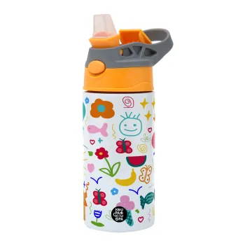 Παιδική φαντασία, Children's hot water bottle, stainless steel, with safety straw, Orange/Grey (360ml) BPA-FREE