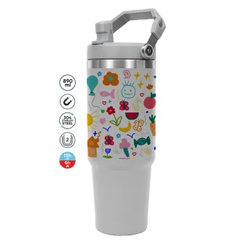 Παιδική φαντασία, ΓΚΡΙ χρώματος Θερμός Ανοξείδωτο 890ml (30oz) με χερούλι