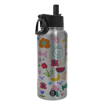 Παιδική φαντασία, Μεταλλικό παγούρι θερμός Silver με καλαμάκι και χερούλι (Stainless steel), διπλού τοιχώματος, 950ml