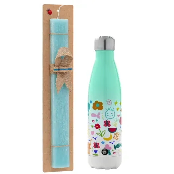 Παιδική φαντασία, Easter Set, Metallic green/white thermos (Stainless steel), double-walled, 500ml & scented flat Easter candle (30cm) (TURQUOISE)