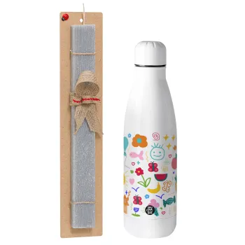 Παιδική φαντασία, Πασχαλινή Λαμπάδα με μεταλλικό παγούρι θερμός ανοξείδωτο (500ml) & κερί αρωματικό πλακέ (30cm) (ΓΚΡΙ)