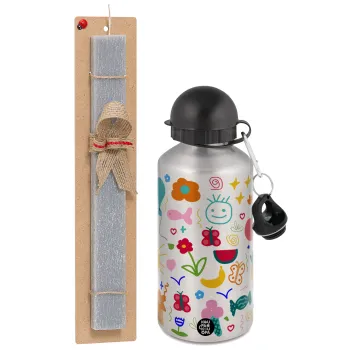 Παιδική φαντασία, Πασχαλινή Λαμπάδα με παγούρι μεταλλικό Ασημένιο αλουμινίου (500ml) & κερί αρωματικό πλακέ (30cm) (ΓΚΡΙ)