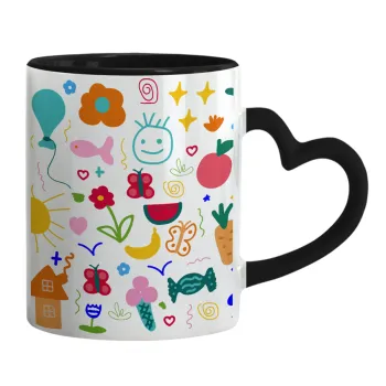 Παιδική φαντασία, Κούπα καρδιά χερούλι μαύρη, κεραμική, 330ml