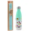 Easter Set, Metallic green/white thermos (Stainless steel), double-walled, 500ml & scented flat Easter candle (30cm) (TURQUOISE)
