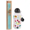Easter Set, metallic aluminum water bottle (500ml) & scented flat candle (30cm) (TURQUOISE)