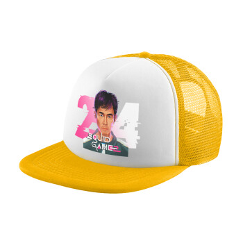 Squid game 456 Gi-Hun, Adult Soft Trucker Hat with Yellow/White Mesh (POLYESTER, ADULT, UNISEX, ONE SIZE)