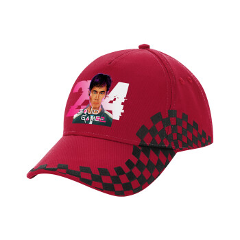 Squid game 456 Gi-Hun, Καπέλο Ενηλίκων Ultimate ΚΟΚΚΙΝΟ/ΜΑΥΡΟ RACING με Σκρατς, (100% ΒΑΜΒΑΚΕΡΟ DRILL, ΕΝΗΛΙΚΩΝ, UNISEX, ONE SIZE)
