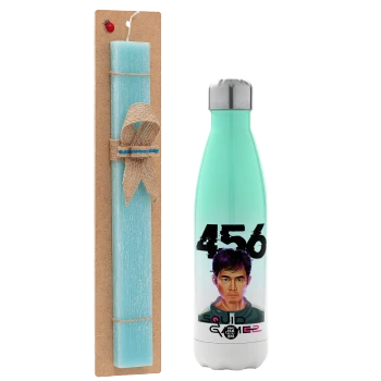Squid game 456 Gi-Hun, Easter Set, Metallic green/white thermos (Stainless steel), double-walled, 500ml & scented flat Easter candle (30cm) (TURQUOISE)