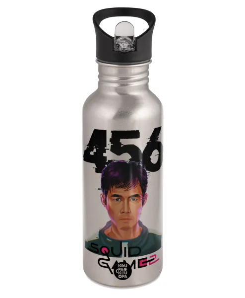 Squid game 456 Gi-Hun — Παγούρι νερού Ασημένιο με καλαμάκι, ανοξείδωτο ατσάλι 600ml