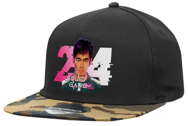 Squid game 456 Gi-Hun — Adult Flat Snapback Hat Black/Camouflage, (100% COTTON TWILL, ADULT, UNISEX, ONE SIZE)