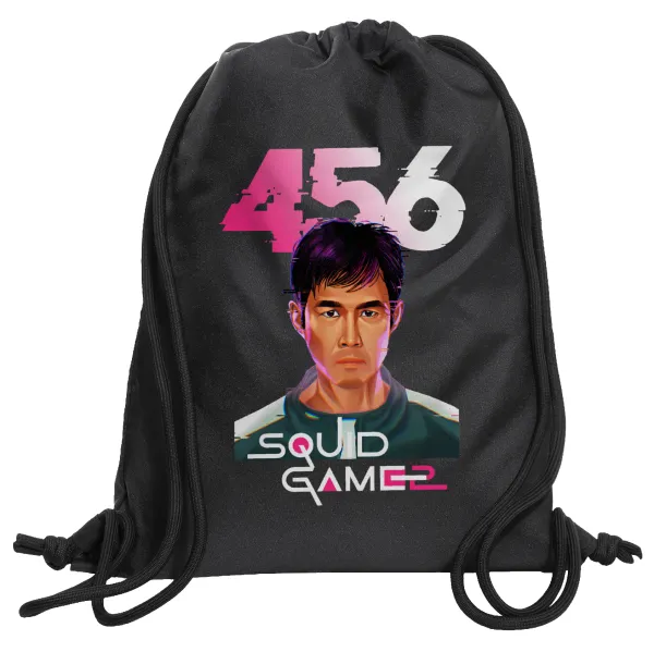 Squid game 456 Gi-Hun — Τσάντα πλάτης πουγκί GYMBAG Μαύρη, με τσέπη (40x48cm) & χονδρά κορδόνια