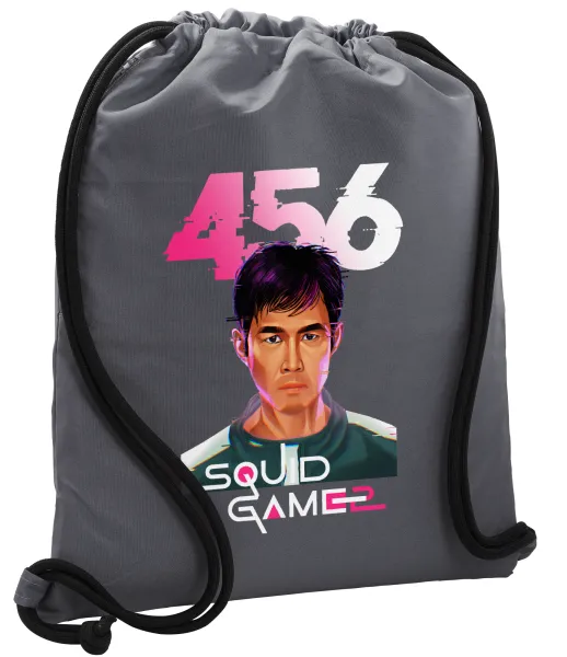 Squid game 456 Gi-Hun — Τσάντα πλάτης πουγκί GYMBAG ΓΚΡΙ, με τσέπη (40x48cm) & χονδρά κορδόνια