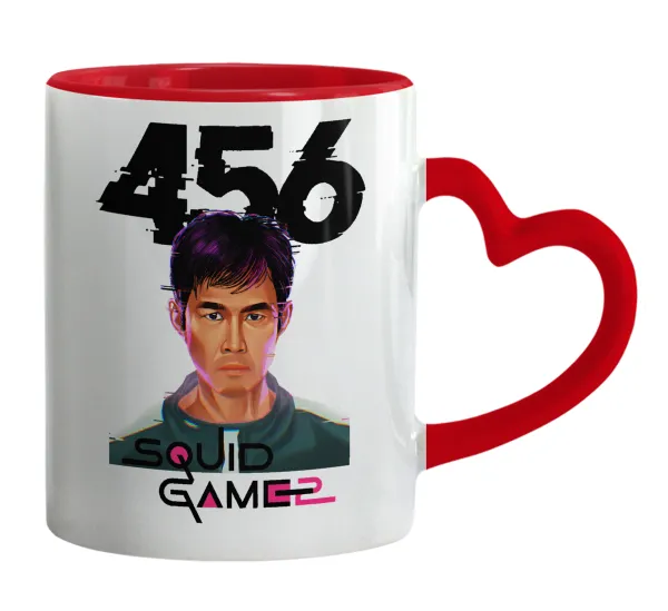 Squid game 456 Gi-Hun — Κούπα καρδιά χερούλι κόκκινη, κεραμική, 330ml