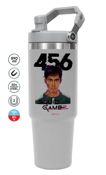 Squid game 456 Gi-Hun — ΓΚΡΙ Travel Tumbler Θερμός με χερούλι και καλαμάκι 890ml