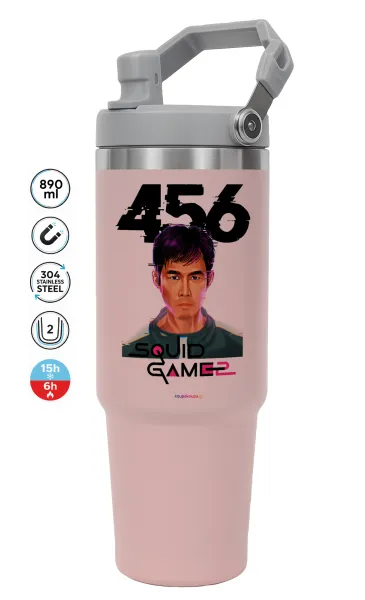 Squid game 456 Gi-Hun — ΡΟΖ Travel Tumbler Θερμός με χερούλι και καλαμάκι 890ml