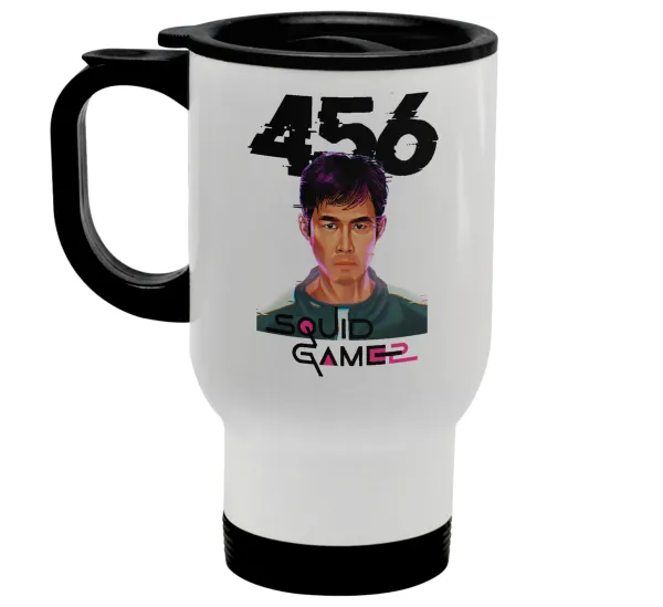 Squid game 456 Gi-Hun — Κούπα ταξιδιού ανοξείδωτη με καπάκι, διπλού τοιχώματος (θερμό) λευκή 450ml