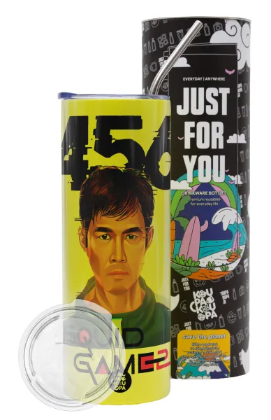 Squid game 456 Gi-Hun — Neon Yellow Travel Tumbler θερμό, μεταλλικό καλαμάκι(Ανωξείδωτο 304 Food grade, BPA free, 600ml)