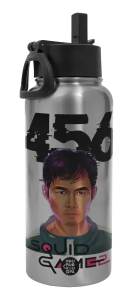 Squid game 456 Gi-Hun — Μεταλλικό παγούρι θερμός Silver με καλαμάκι και χερούλι (Stainless steel), διπλού τοιχώματος, 950ml
