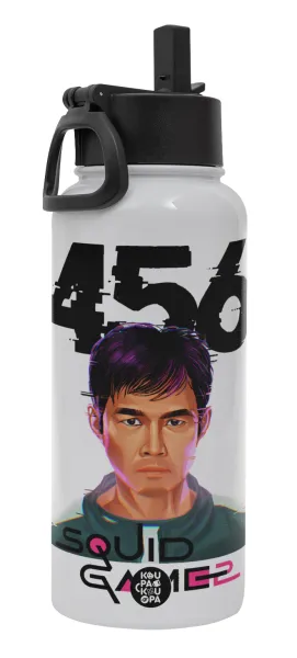 Squid game 456 Gi-Hun — Μεταλλικό παγούρι θερμός Λευκό με καλαμάκι και χερούλι (Stainless steel), διπλού τοιχώματος, 950ml