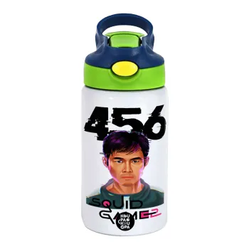 Squid game 456 Gi-Hun, Παιδικό παγούρι θερμό, ανοξείδωτο, με καλαμάκι ασφαλείας, πράσινο/μπλε (350ml)