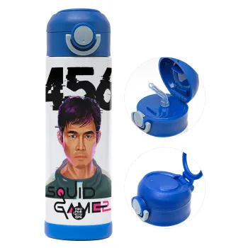 Squid game 456 Gi-Hun, Children's hot water bottle, stainless steel, with safety straw, BLUE (500ml)