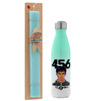 Squid game 456 Gi-Hun, Πασχαλινή Λαμπάδα με Μεταλλικό παγούρι θερμός Πράσινο/Λευκό (Stainless steel), διπλού τοιχώματος, 500ml & κερί αρωματικό πλακέ (30cm) (ΤΙΡΚΟΥΑΖ)