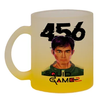 Squid game 456 Gi-Hun, Κούπα γυάλινη δίχρωμη με βάση το κίτρινο ματ, 330ml