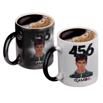 Squid game 456 Gi-Hun, Color changing magic Mug, ceramic, 330ml when adding hot liquid inside, the black colour desappears (1 pcs)