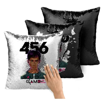 Squid game 456 Gi-Hun, Μαξιλάρι καναπέ Μαγικό Μαύρο με πούλιες 40x40cm περιέχεται το γέμισμα