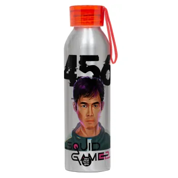 Squid game 456 Gi-Hun, Αλουμινένιο Αθλητικό Μπουκάλι 650ml – Ασημί με Κόκκινο Καπάκι και Λουράκι Σιλικόνης