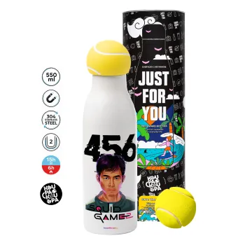 Squid game 456 Gi-Hun, Tennis ball Metal mug thermos White, double wall, 550ml