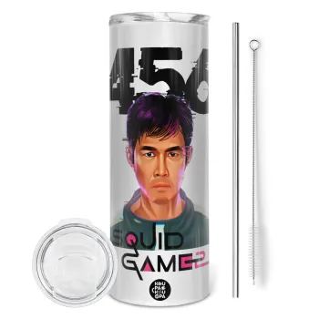 Squid game 456 Gi-Hun, Tumbler ποτήρι θερμό από ανοξείδωτο ατσάλι 600ml, με μεταλλικό καλαμάκι & βούρτσα καθαρισμού