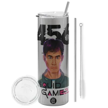 Squid game 456 Gi-Hun, Tumbler ποτήρι θερμό Ασημένιο από ανοξείδωτο ατσάλι 600ml, με μεταλλικό καλαμάκι & βούρτσα καθαρισμού