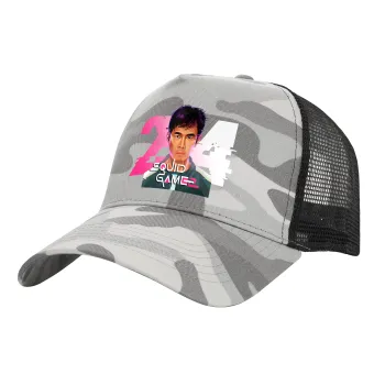 Squid game 456 Gi-Hun, Adult Structured Trucker Hat, with Mesh, (Camouflage) Army Camo (100% COTTON, ADULT, UNISEX, ONE SIZE)