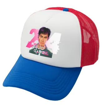 Squid game 456 Gi-Hun, Adult Soft Trucker Hat with Red/Blue/White Mesh (POLYESTER, ADULT, UNISEX, ONE SIZE)