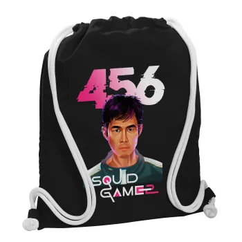 Squid game 456 Gi-Hun, Τσάντα πλάτης πουγκί GYMBAG Μαύρη, με τσέπη (40x48cm) & χονδρά λευκά κορδόνια