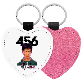 Squid game 456 Gi-Hun, Μπρελόκ PU δερμάτινο glitter καρδιά ΡΟΖ