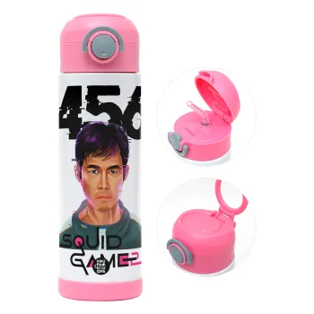 Squid game 456 Gi-Hun, Children's hot water bottle, stainless steel, with safety straw, PINK (500ml)