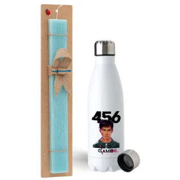 Squid game 456 Gi-Hun, Easter Set, metallic stainless steel water bottle (750ml) & aromatic flat Easter candle (30cm) (TURQUOISE)