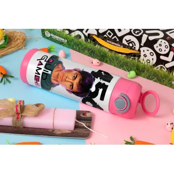 Squid game 456 Gi-Hun, Easter candle, Childrens hot water bottle, stainless steel, with safety straw, PINK (500ml)
