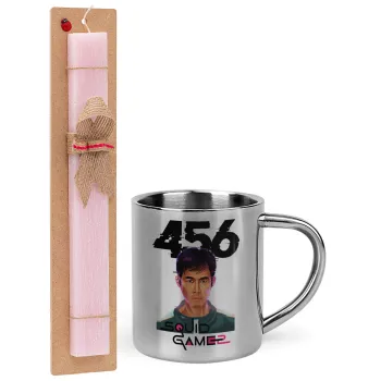 Squid game 456 Gi-Hun, Easter Set, metallic thermal cup (300ml) & aromatic flat Easter candle (30cm) (PINK)