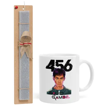 Squid game 456 Gi-Hun, Easter Set, Ceramic Cup (330ml) & Easter aromatic flat candle (30cm) (GRAY)