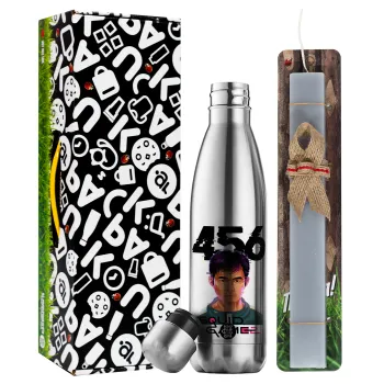 Squid game 456 Gi-Hun, Πασχαλινή Λαμπάδα με μεταλλικό παγούρι θερμός ανοξείδωτο (500ml) & κερί αρωματικό πλακέ (30cm) (ΓΚΡΙ)