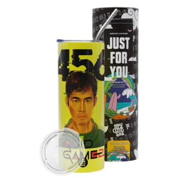 Squid game 456 Gi-Hun, Neon Yellow Travel Tumbler, with metal straw (Stainless steel 304 Food grade, BPA free, 600ml)