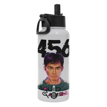 Squid game 456 Gi-Hun, Metal mug thermo White with Straw and Spout Lid (Stainless steel), double wall, 950ml