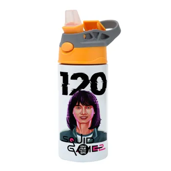 Squid game 120 Cho Hyun-ju, Children's hot water bottle, stainless steel, with safety straw, Orange/Grey (360ml) BPA-FREE