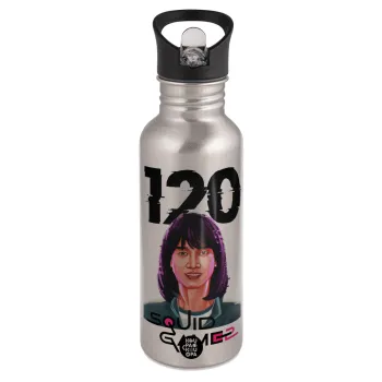 Squid game 120 Cho Hyun-ju, Παγούρι νερού Ασημένιο με καλαμάκι, ανοξείδωτο ατσάλι 600ml