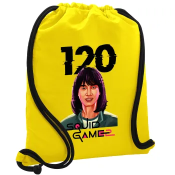 Squid game 120 Cho Hyun-ju, Τσάντα πλάτης πουγκί GYMBAG Κίτρινη, με τσέπη (40x48cm) & χονδρά κορδόνια